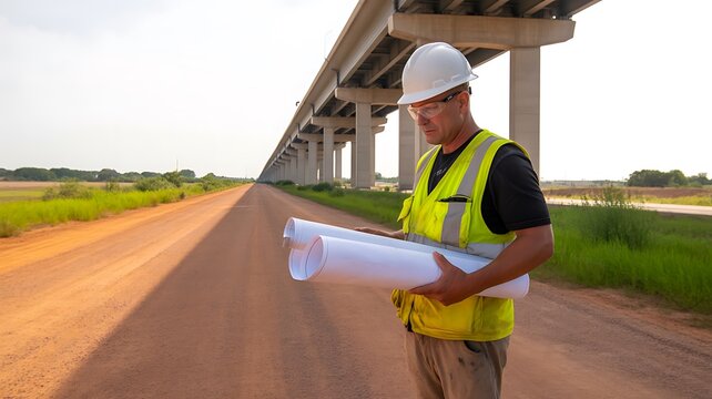 Engineer analyzing construction blueprint under bridge on dirt road infrastructure site