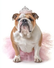 Fototapeta premium Dog Tutu. Portrait of Pedigree Bulldog in Unique Queen Halloween Costume on White Studio Background