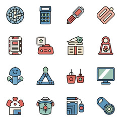 Vibrant, modern icons represent tools, technology, and playful objects for diverse creative projects and digital design needs