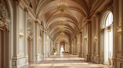 Obraz premium Ornate, elegant interior view of a grand hallway with classical architectural details, featuring arched ceilings, decorative pillars, and crystal chandeliers, bathed in warm light.
