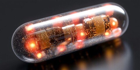 Futuristic Micro Chip Capsule Close-up Showcasing Advanced Electronic Components and Innovation