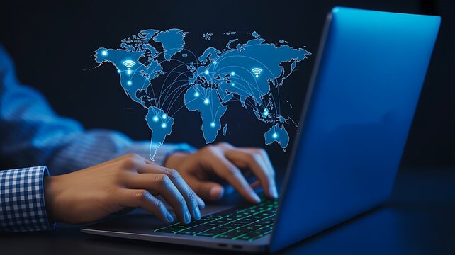 Hands typing on laptop with digital world map network overlay showing global connection
