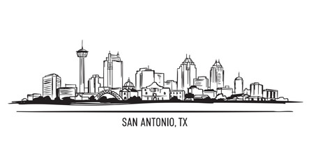 Obraz premium San Antonio, TX cityscape landscape panoramic, abstract brush sketch line vector 