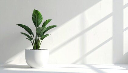 Indoor Plant in White Pot with Sunlight and Shadow on White Wall Pixel Art Style