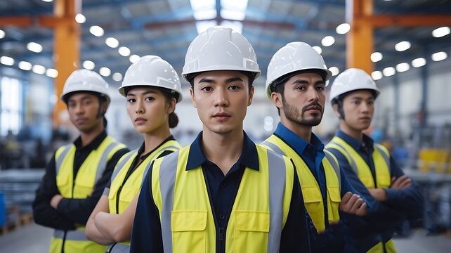 Team of confident engineers wearing safety helmets and vests standing together in factory