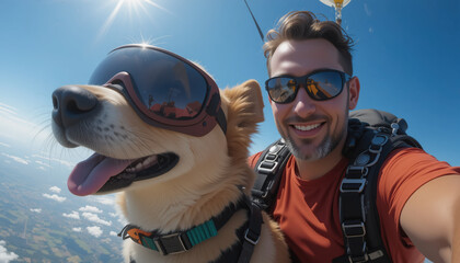 A dog and a man with goggles and  safety harness, skydiving.