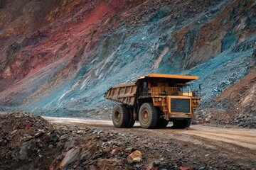 Dumptruck Driving Uphill on Quarry Track with Vibrant Colors and Gravel