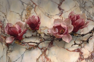 Painting depicts four pink and white magnolia blossoms on a branch set against marbled stone
