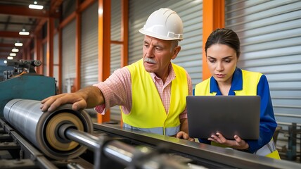 Engineer and technician inspecting machinery with laptop in modern factory workshop
