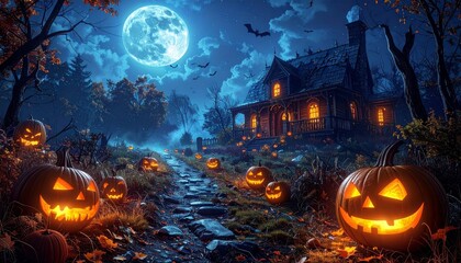 Haunted castle illustration with spooky bats, dark sky, and a scary pumpkin silhouette for a Halloween night background