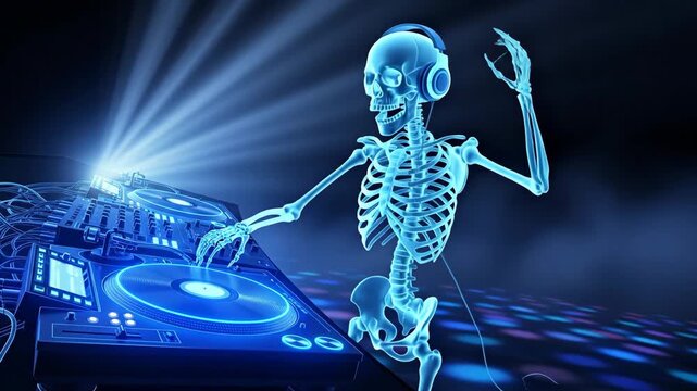 DJ Skeleton in X-Ray Effect - A cool skeleton DJ with headphones is featured in an X-ray effect, dancing while mixing music.