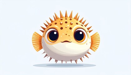 Cartoon Pufferfish With Spikes and Big Eyes in Yellow and White Pixel Art Style