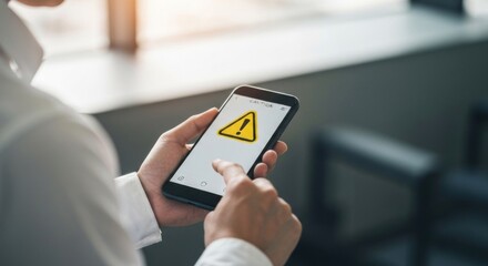 Person holds phone with warning triangle on the screen, blurred backdrop