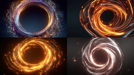 Four swirling, luminous circles, each distinct in color and texture, against dark backgrounds, creating dynamic compositions