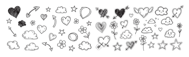 Line icon cute element set. Doodle line color icon decorative arrow, cloud, crown, sparkle and flower. Hand drawn heart, sketchy figure, funny outline and cartoon ribbon for kids. Vector illustration