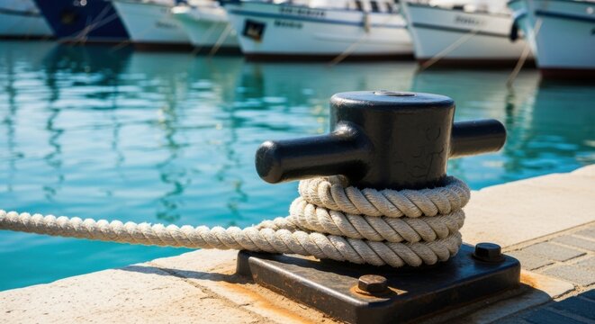 Close-up of a mooring bollard with a white rope tied around it, with several boats blurred in the background. - Powered by Adobe