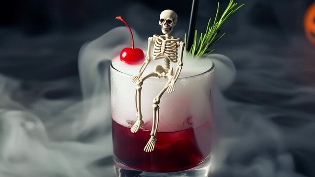 Spooky Halloween Drink with Skeleton and Cherry - A festive Halloween-themed cocktail featuring a skeleton sitting on the rim of a glass.