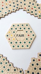 Colorful Puzzle Piece with Fair Theme Surrounded by Hexagonal Pieces