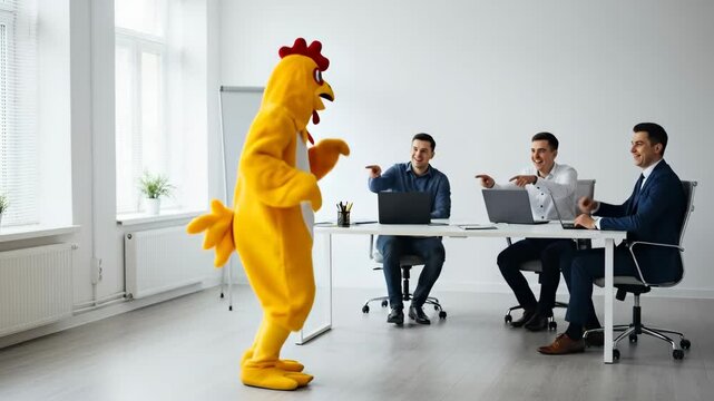 Chicken Suit Office Prank - A person in a bright yellow chicken suit dances in an office setting. Three business professionals are laughing, pointing, and enjoying the funny spectacle of the chicken
