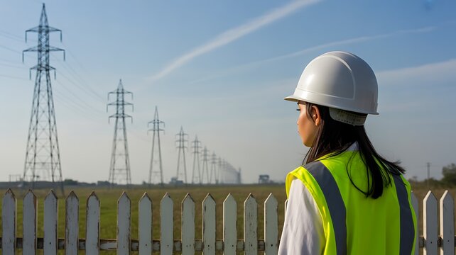 Engineer wearing safety vest and helmet observing power transmission lines at industrial site
 - Powered by Adobe