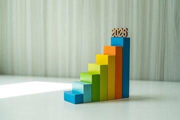 Colorful wooden blocks arranged as a bar graph with the year 2026 on top image photo