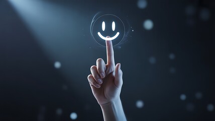 Finger touching glowing smiley face icon in dark outdoor background
