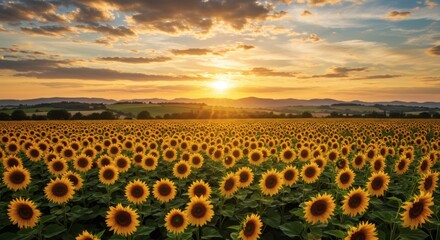 Obraz premium Sunkissed Sunflower Field at Sunset Golden Hour Over a Vibrant Meadow.