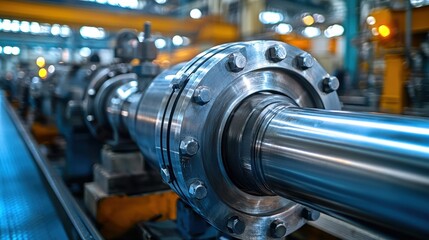Fototapeta premium Polished metal shaft with bolted flanges in industrial setting, blurred background