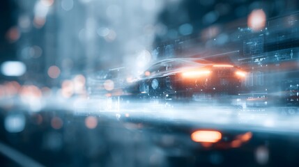 Futuristic autonomous car workspace blurred AR floating data projection