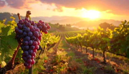 Naklejka premium Vineyard at sunset, ripe grapes in foreground