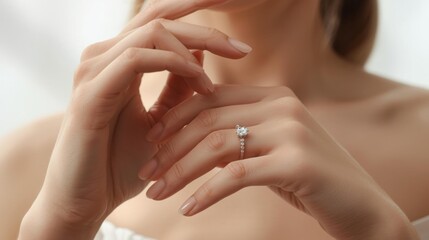 Fototapeta premium A close-up of a woman's hands elegantly displaying a sparkling ring, symbolizing love and commitment.