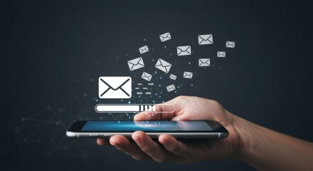 Sending Messages Hand Holding Phone with Email Icons on Dark Background.