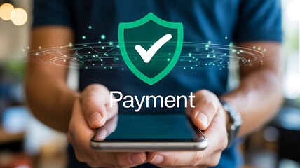 Person holding secure payment shield icon with green check mark 
