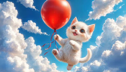Fototapeta premium A fluffy white kitten grasping a red balloon floats joyfully in a bright blue sky, surrounded by soft white clouds. The scene captures a playful moment of innocence.