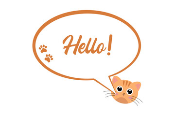 Cute cat with a message, hello speech bubble vector illustration.