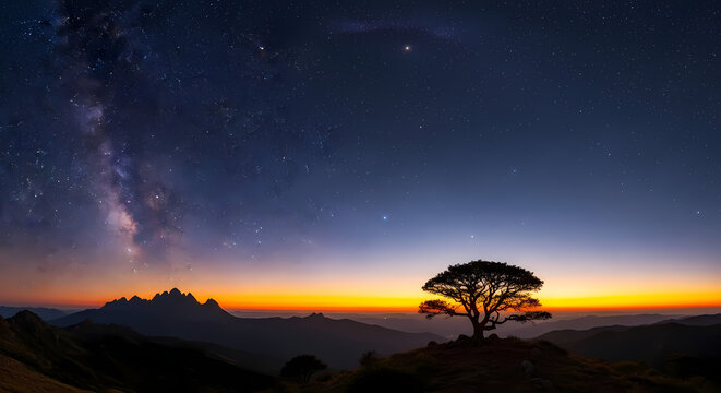The Milky Way galaxy shines in the starry night sky above a lone silhouetted tree on a hill during a colorful twilight. - Powered by Adobe