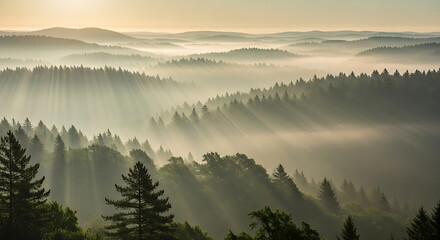 Obraz premium Misty Forest with Morning Sunlight Over Rolling Hills