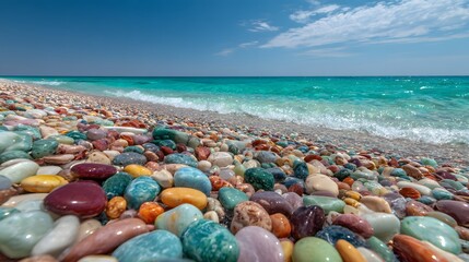 Vivid, colorful beach scene displays a multitude of smooth, polished stones along the shoreline, with clear turquoise waters gently lapping against the vibrant pebbles under a radiant, cloud-speckled.
