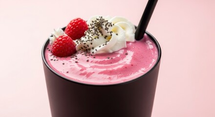 Close-up of a vibrant pink raspberry smoothie with whipped cream, chia seeds, and fresh berries.
