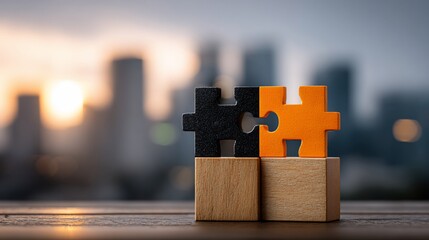 Jigsaw puzzle pieces connecting on a wooden block, city skyline backdrop, representing teamwork and collaboration