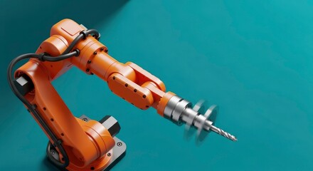 Precision drilling by an orange industrial robot arm on a teal background, symbolizing advanced m...