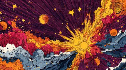 Artistic cosmic explosion in space with planets and stars; abstract illustration, for design
