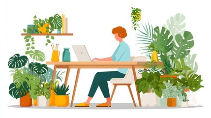 Fototapeta premium A person works on a laptop at a wooden desk surrounded by lush green plants and potted foliage, featuring a bright and airy workspace with a cheerful, natural aesthetic and a modern, minimalistic...