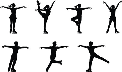 Figure skating silhouette set, male and female poses, athletic motion, black illustration, vector art, white background, graceful movement concept