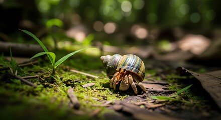 Hermit Crab on Mossy Ground in Tropical Rainforest.