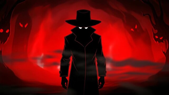 Gloomy Figure in a Hat and Trench Coat - A shadowy silhouette of a man in a hat and trench coat stands in front of a red, ominous background.