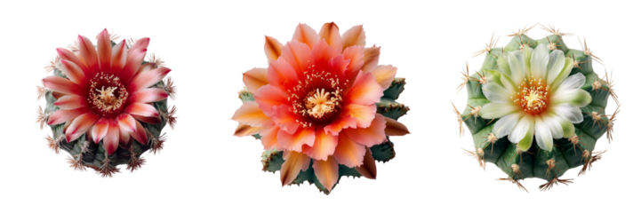 Set of A single blooming cactus flower viewed from above, delicate pink petals unfolding in a spiral isolated on a transparent background
