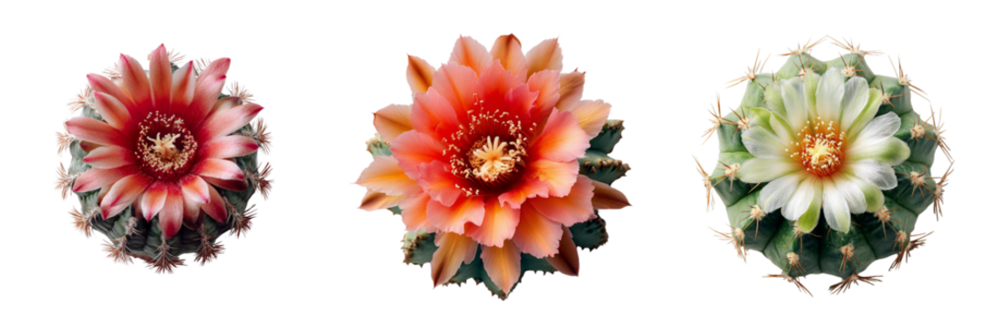 Set of A single blooming cactus flower viewed from above, delicate pink petals unfolding in a spiral isolated on a transparent background
