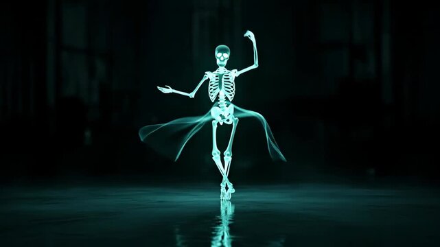 Glowing Skeleton Ballet Dancer - A striking video showcasing a glowing skeleton in a graceful ballet pose.