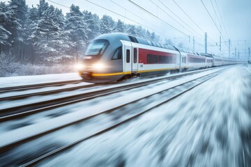 Naklejka premium High Speed Express Train Traveling Through a Winter Wonderland of Freshly Fallen Snow and Ice